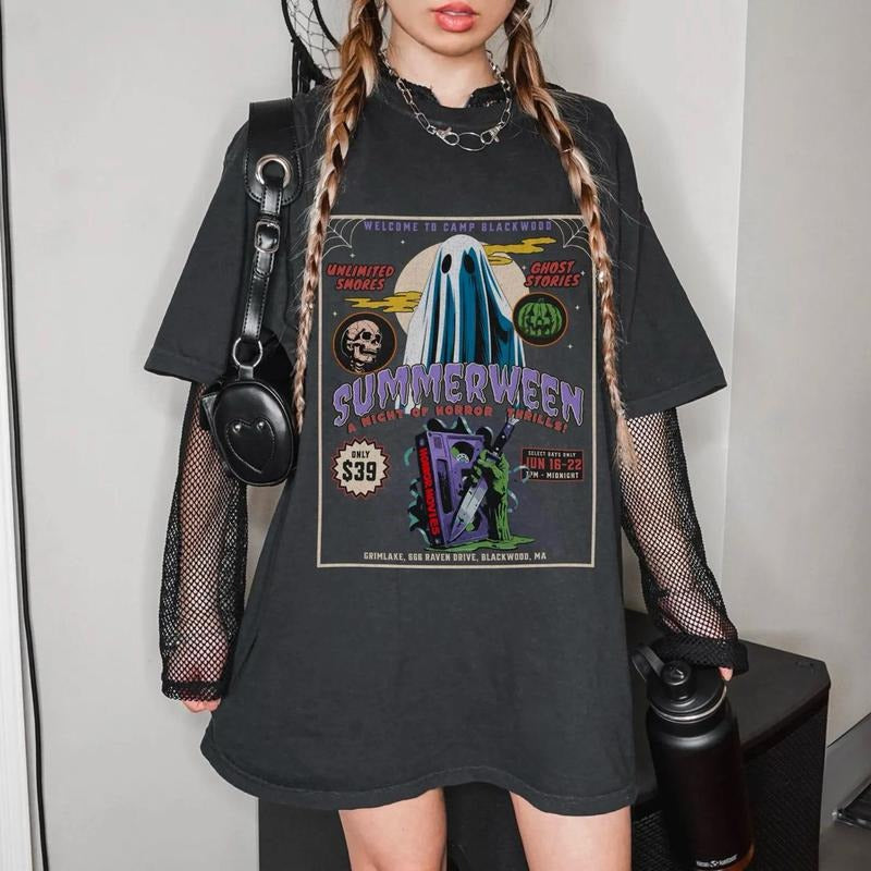 Summerween Shirt, Ghost Folk Horror Shirt, Slasher Summer Camp Sweater, 80's Retro Horror Movie T-Shirt, Boo Basket Spooky Summer Tee