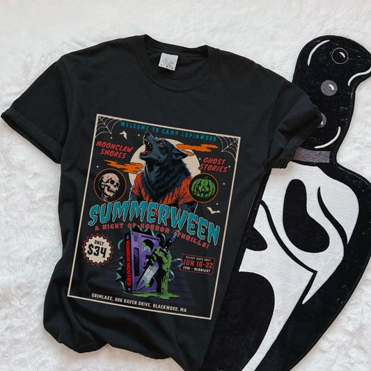 Summerween Wolf Shirt, 90s Mummy Shirt, Slasher Summer Camp Sweater, 80's Retro Horror Movie T-Shirt, Boo Basket Spooky Summer Tee