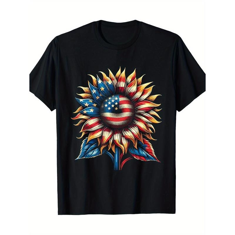 Sunflower American Flag - Patriotic America Graphic July 4th T-shirt -100% Cotton Made in USA
