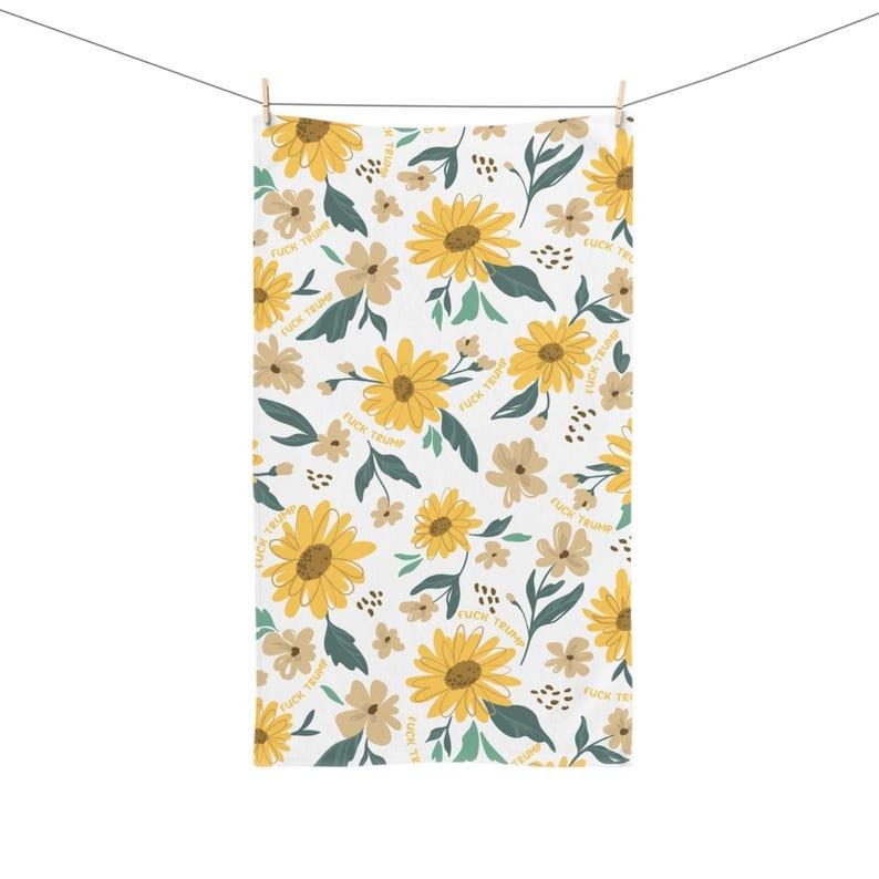 Sunflower Hand Towel, Subtle F*ck Trump Kitchen Towel, Anti Trump Tea Towel, Political Home Decor, Democrat Mom Gift For...