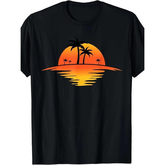 Sunset Beach Silhouette Tropical Palm Tree Graphic T-Shirt - Casual Cotton Tee for Men and Women, Round Neck, Geometric Pattern, Stretch Fabric, Ideal for Sports, Yoga, Running, Party, Gift for All Occasions Made in USA