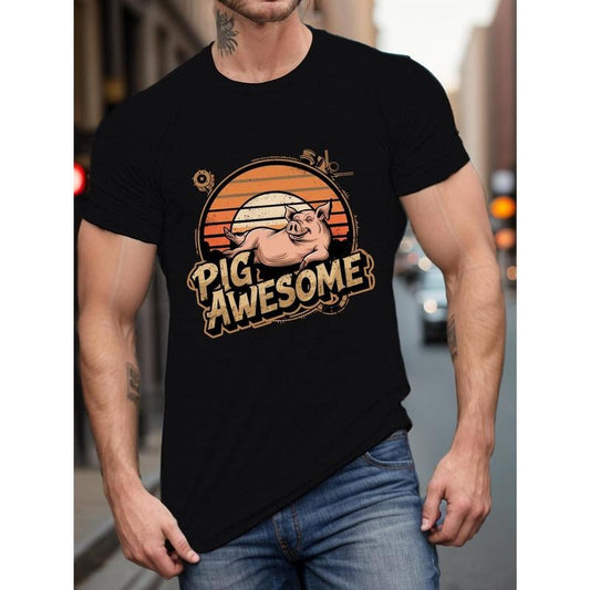 Sunset Pig Print Tee Shirt - Casual Short Sleeve T-Shirt for Men - Summer Wear - Adult Size - Polyester Fabric - Regular Fit - Geometric Pattern - No Detail - Knit Construction made in usa