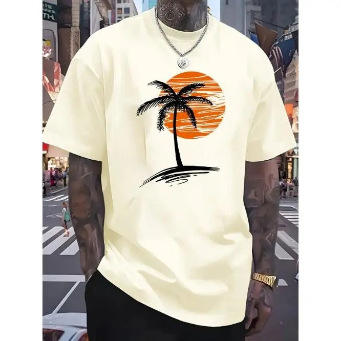 Sunset coconut tree print high-quality cotton men's T-shirt, casual fashion breathable, four seasons can wear T-shirts, men's Made in USA