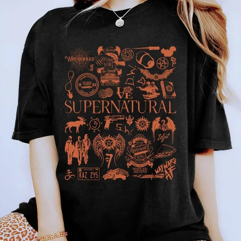 Supernatural Doodle Art Shirt | Vintage Supernatural Shirt | Dean Winchester Sam Winchester Shirt | Winchester Brothers Birthday Gift, Cotton Crewneck