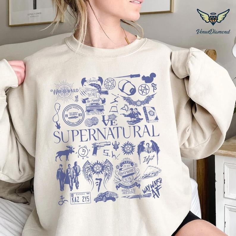 Supernatural Movie Vintage Doodle Art Blue Shirt | Supernatural Vintage Shirt | Dean Winchester Shirt | Winchester Brothers |Dean Winchester