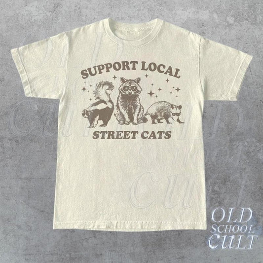 Support Local Street Cats Vintage Graphic T-shirt Retro Unisex Adult T Shirt Y2k Raccoon T Shirt Nostalgia T Shirt Relaxed Cotton Tees TK43GN
