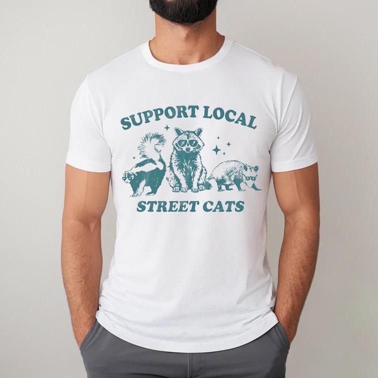 Support Your Local Street Cats Graphic T-Shirt, Retro Unisex Adult TShirt, Vintage Raccoon TShirt, Nostalgia TShirt, Relaxed Cotton Tees