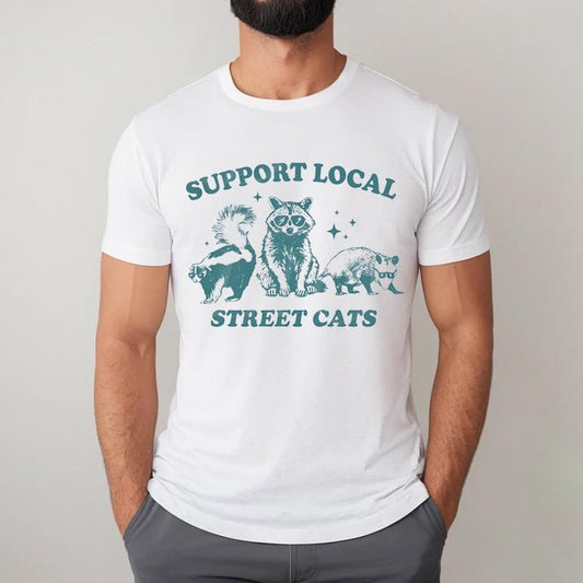Support Your Local Street Cats Graphic T-Shirt, Retro Unisex Adult TShirt, Vintage Raccoon TShirt, Nostalgia TShirt, Relaxed Cotton Tees