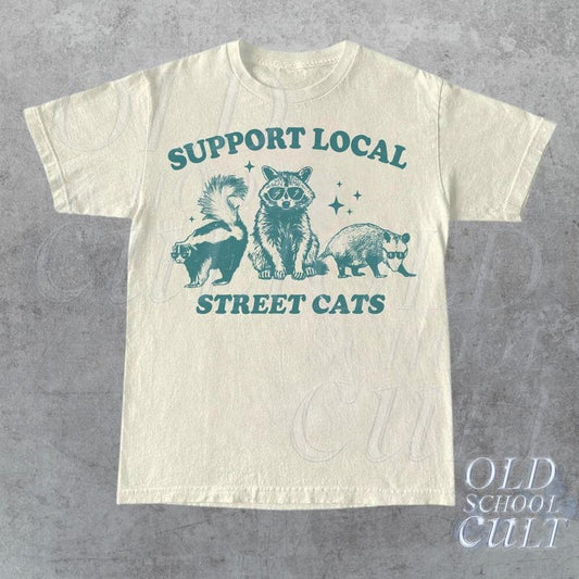 Support Your Local Street Cats Graphic T-shirt Retro Unisex Adult T Shirt Vintage Raccoon T Shirt Nostalgia T Shirt Relaxed Cotton Tees TK43GN