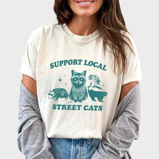 Support Your Local Street Cats Shirt, Funny Raccoon Shirt, Raccoon Skunk Opossum Meme Tee, Retro Graphic Unisex Tee, Vintage Raccoon Tshirt, Animal Lover Gift Shirt, Nostalgia T-Shirt, Oversized Graphic Tee, Relaxed Cotton Womenswear, Comfort Chic Style