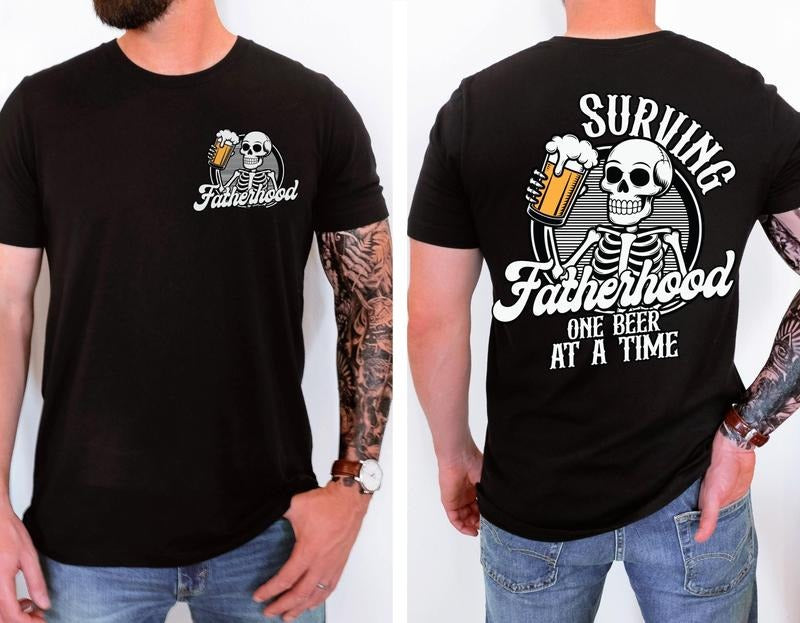 Surviving Fatherhood One Beer At A Time Shirt 2 Sides, Fathers Day Gift, Funny Fatherhood Tshirt, Gift For Husband From Wife, Unisex Short Sleeve Tee, Casual Clothing figure