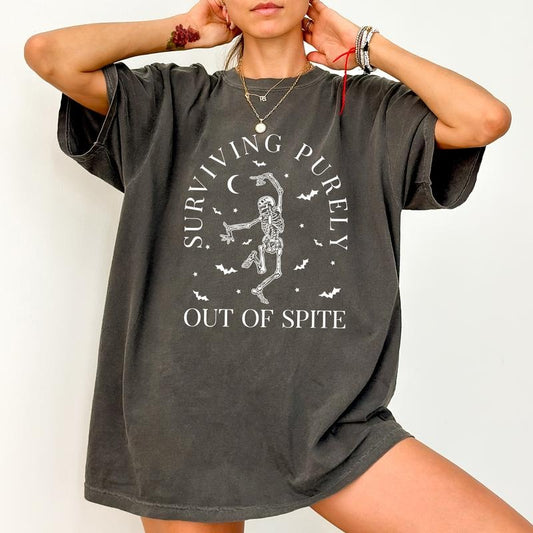 Surviving Purely Out Of Spite Tee, Funny Gothic Skeleton And Bats T-shirt, Spooky Season Unhinged Shirt, Funny Shirts For...