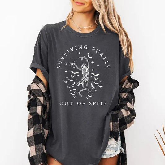 Surviving Purely Out of Spite, Skeleton, Bats, Funny, Aesthetic, Meme, Halloween, Spooky, Dancing Shirt, Women's Comfort Color Tee, Tshirt