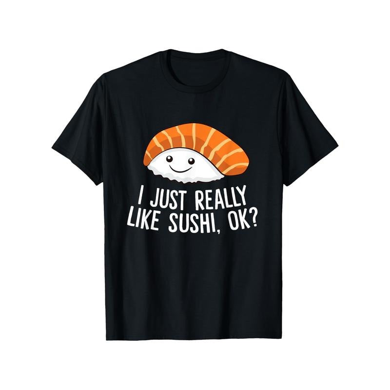Sushi Enthusiast Crew Neck T-Shirt, 100% Cotton, Casual Style, Regular Fit, Short Sleeve, Knit Fabric, Slight Stretch, with Printed Sushi Graphic, for Adults, All-Season, Weekend Casual Wear Made in USA