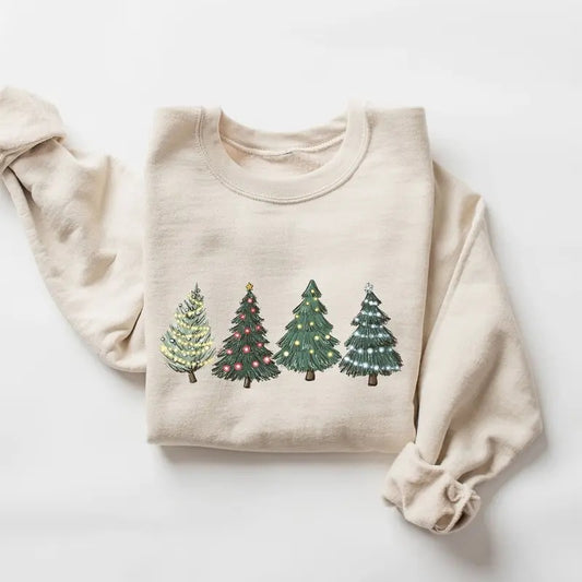 Sweatshirt with four festive Christmas trees, each uniquely decorated with colorful holiday lights. Cozy and cheerful for the season.
