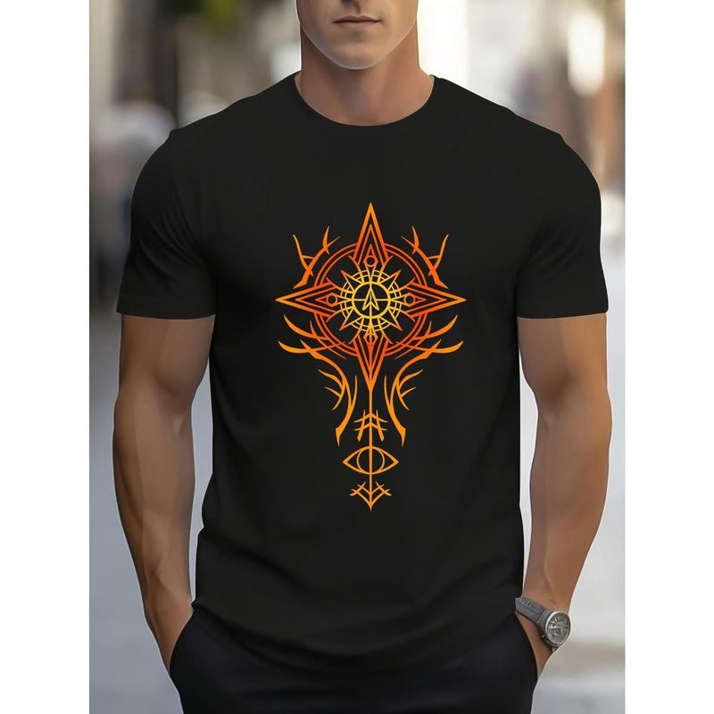 Symbol Print, Men's Crew Neck Short Sleeve T-shirt, Stylish & Trendy & Cozy For Casual Summer Wear Made in USA