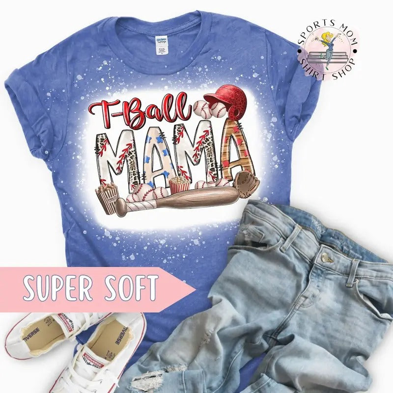 T-ball Mom bleached tshirt, baseball tee ball mom sports shirt, t-ball team moms shirt women, game day mom shirt