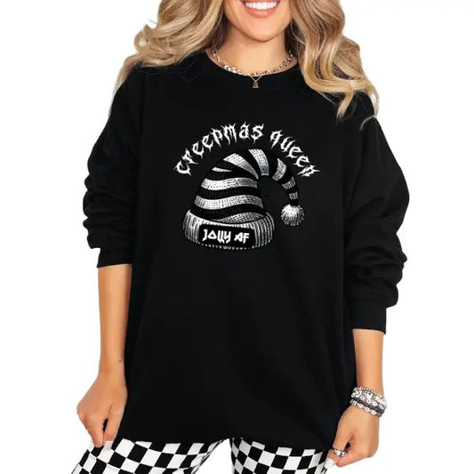Creepmas Queen Jolly AF Santa Hat Hoodie/Sweatshirt/T-shirt | Metal Mama Grunge Christmas Alt Style | Dark Holiday Apparel | Faux Bling Santa Hat | Edgy Christmas Outfit | Cozy Streetwear for Rocker Moms & Punk Queens | Unique Holiday Gift