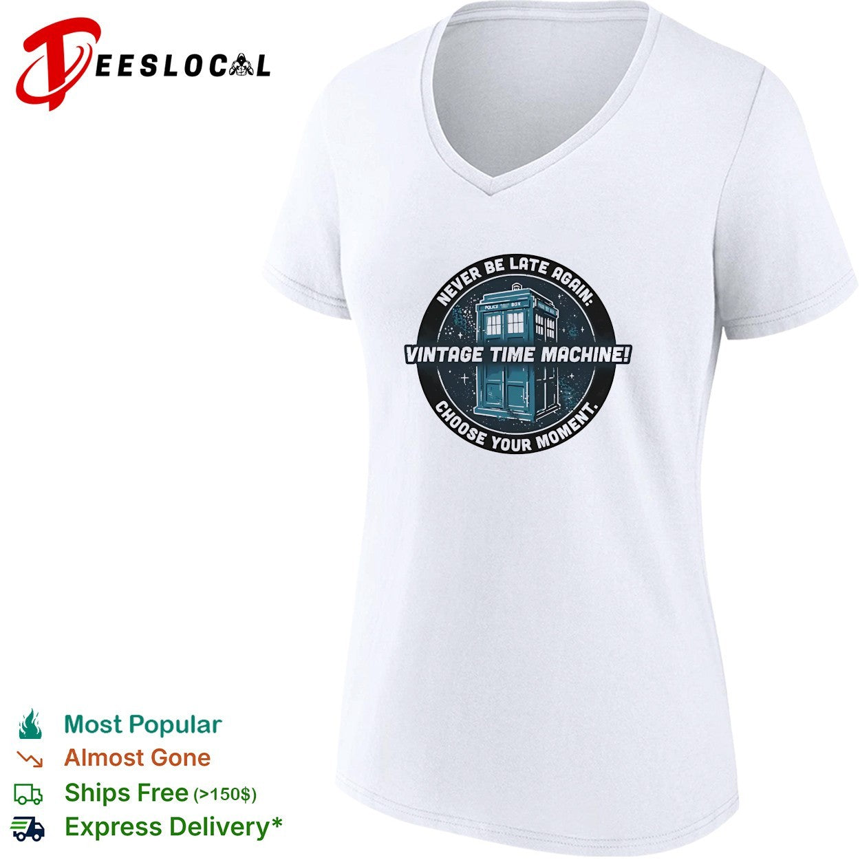 TARDIS never be late again vintage time machine shirt