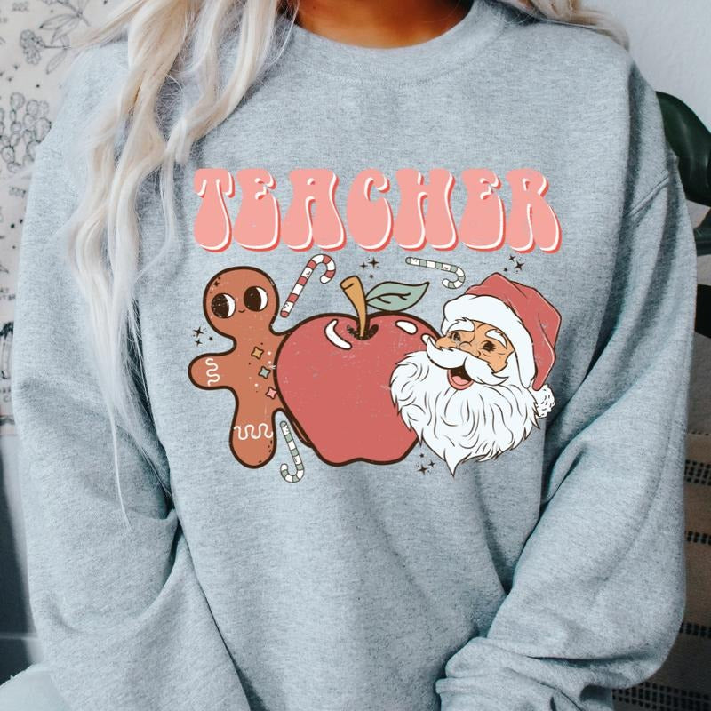 TEACHER GINGERBREAD MAN APPLE SANTA CREWNECK (Crewneck Sweatshirt, Unisex Fit, Causal Sweatshirt for Christmas, Christmas Holiday Sweatshirt) Oversized Womenswear