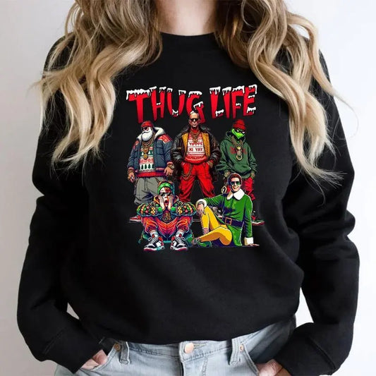 THUGLIFE Christmas Sweatshirt, Christmas Movies Shirt, Friends Gifts for Women Holiday Crewneck Xmas, Xmas Graphic Tee