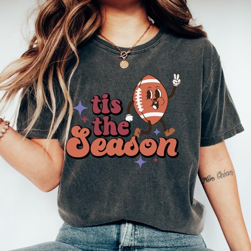 TIS THE SEASON FOOTBALL SHIRT (COMFORT COLORS T-SHIRT, CAUSAL SHIRT UNISEX, FALL CLOTHING, GRAPHIC APPAREL) Cotton Fabric