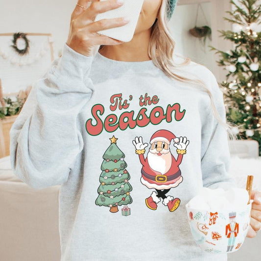 TIS THE SEASON TREE & SANTA CREWNECK ( CHRISTMAS CREWNECK HOLIDAY CREWNECK SWEATSHIRT, RUNS TRUE TO SIZE GO UP ONE SIZE FOR THE OVERSIZED LOOK CASUAL WEAR HOLIDAY APPAREL) Womenswear Hoodie