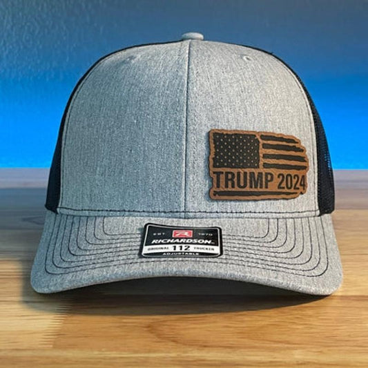 TRUMP 2024 AMERICAN FLAG DISTRESSED Patriotic Side Leather Patch Hat