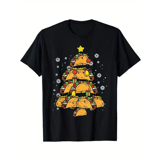 Taco Christmas Tree T-Shirt for Men - Black Cotton Mexican Food Holiday Tee made in usa