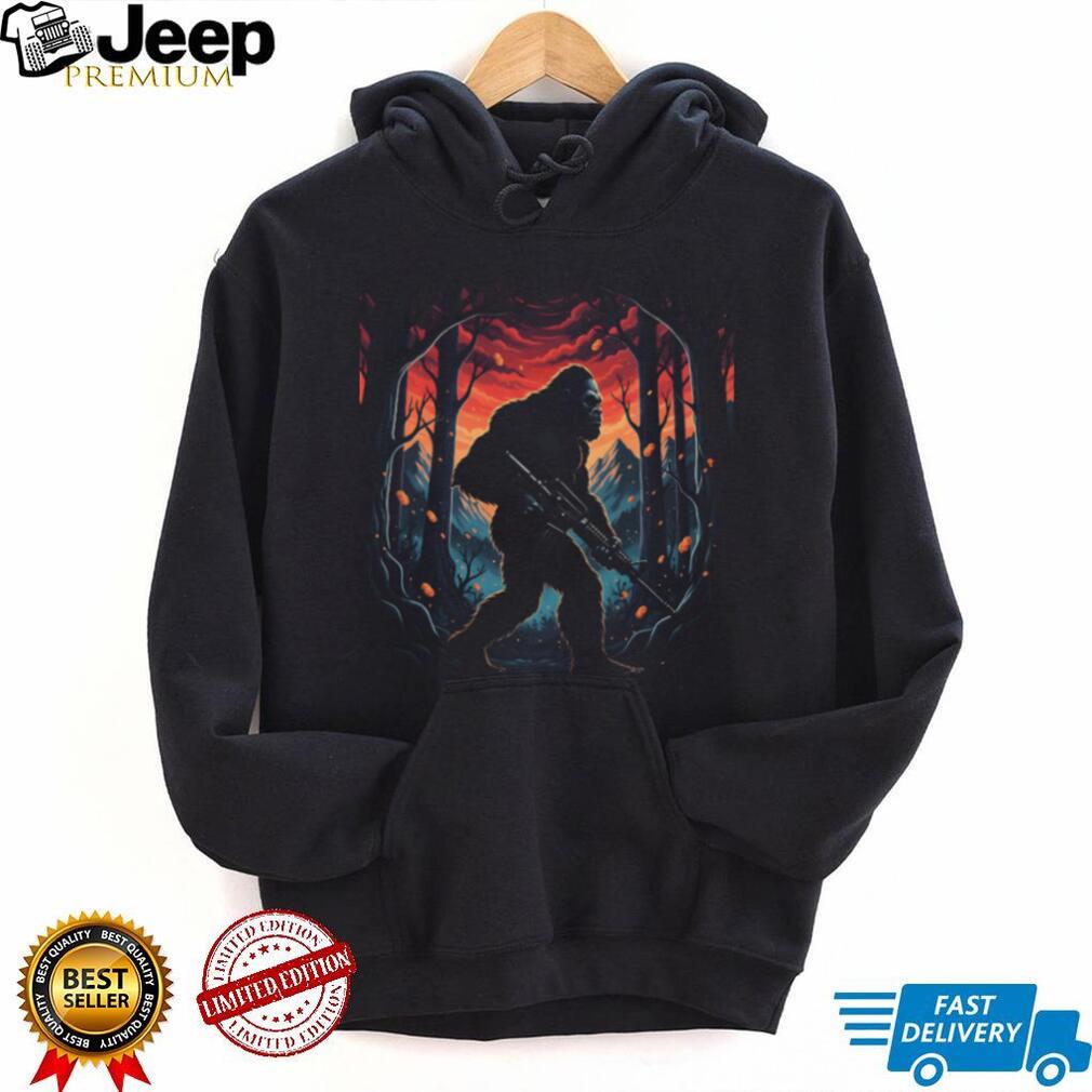 Tactical Bigfoot Sasquatch with Rifle in Forest Art T Shirt