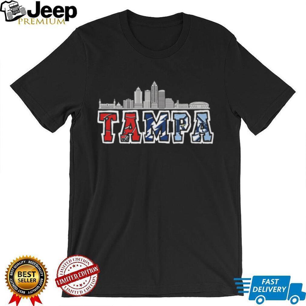 Tampa Bay Skyline Sports Logo Mashup T Shirt Red Blue Light Blue Team Pride