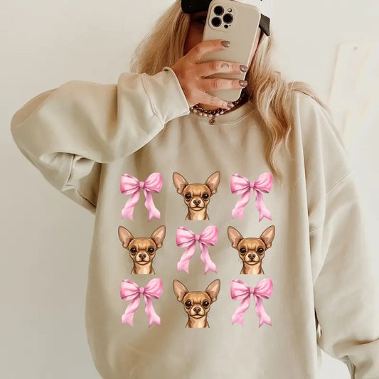 Tan chihuahua with bows Sweatshirt ~ Sweatshirt Unisex Apparel Relaxed Fit Printed in the USA Clothing Womenswear Casual and Comfortable