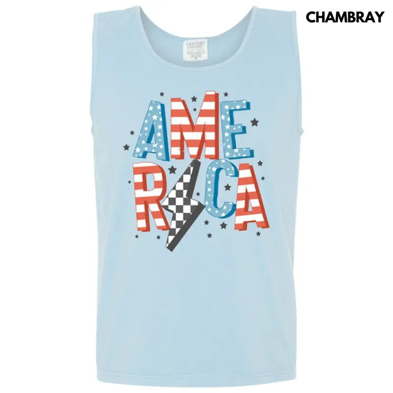 Tank Top - America Lightning Bolt Comfort Colors Tank Top T-Shirts, Hoodie, Sweatshirt | WearSparks.com
