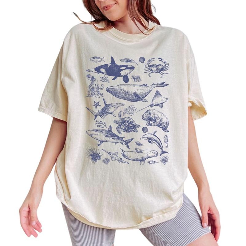 Tattoo Sea Animal Shirt, Retro Ocean Nature Graphic Tee, Marine Life Vintage 90s Tees, Sealife Shirts, Summer Vibes Shirt For Women, Ocean Lover Gift, Sealife, Whale, Shark, Turtle, Dolphin, Women's Tops, Unisex Cotton Fabric Relaxed Fit Chic Style
