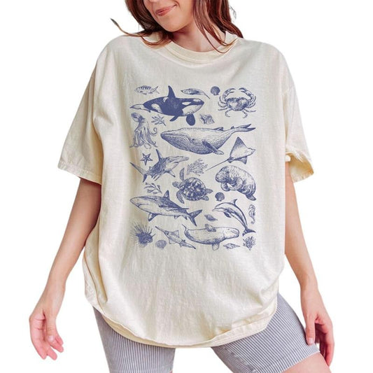 Tattoo Sea Animal Shirt, Retro Ocean Nature Graphic Tee, Marine Life Vintage 90s Tees, Sealife Shirts, Summer Vibes Shirt For Women, Ocean Lover Gift, Sealife, Whale, Shark, Turtle, Dolphin, Women's Tops, Unisex Cotton Fabric Relaxed Fit Chic Style