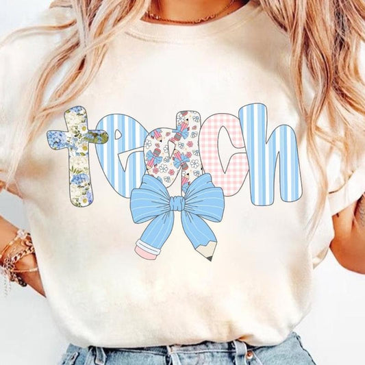 Teacher Floral Coquette Shirt, Teach Blue Floral Shirt, Pencil Bow, Checkered, Best Teacher Ever, Gift For Women, Vintage Graphic Tees