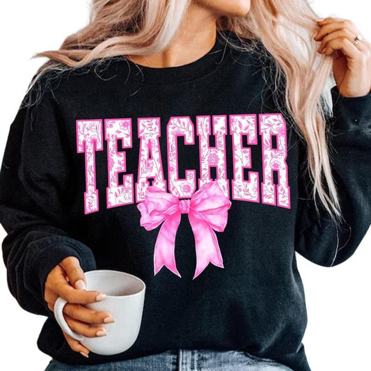 Teacher Floral Pink Sweatshirt, Color Bow Teacher, Coquette Teacher Hoodie, Varsity Teach T Shirt, Teacher Gift, Unisex Crewneck Pullover Tee, Casual Clothing