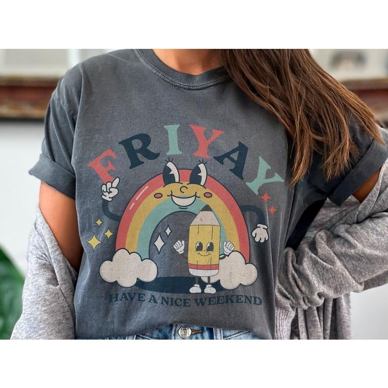 Teacher Friyay Classroom Shirt T-shirt Friday End Of Week Retro Vintage Style Top Distressed Whimsical Teaching Top Rainbows Shirt
