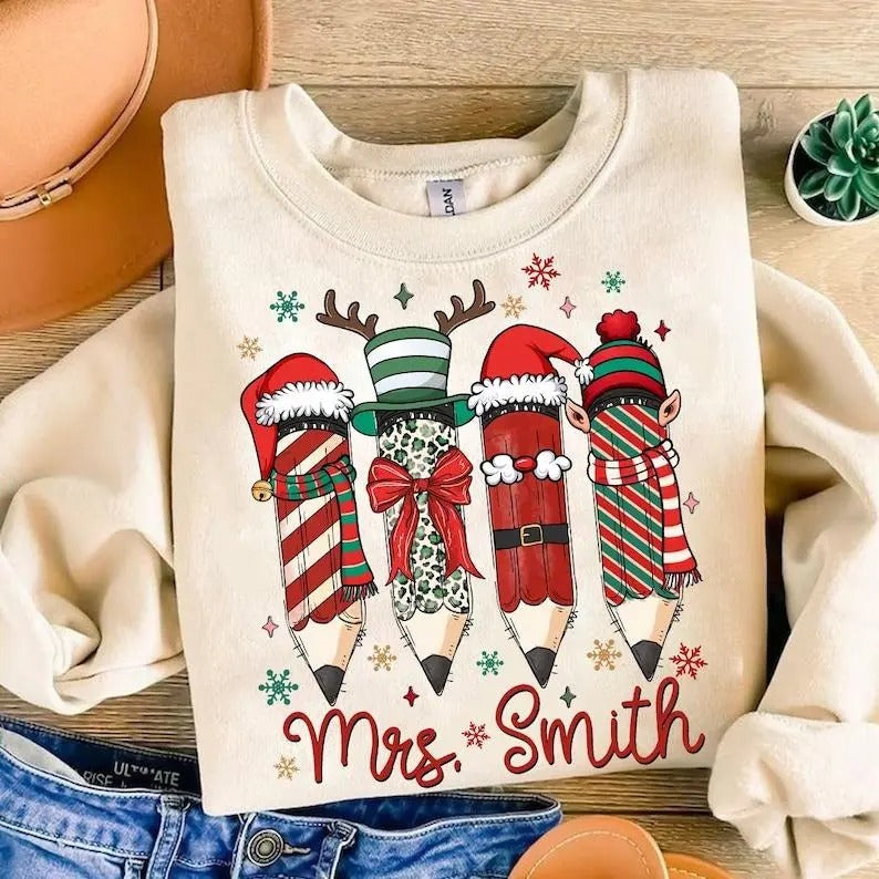 Teacher Pencil Christmas Coquette Sweatshirt, Hoodie, T - Shirt, Custom Christmas Shirt, Hot Cocoa Xmas Tree Cake, Merry Teacher Shirt, Xmas Gift For Teacher