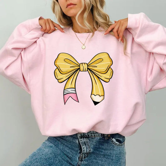 Teacher Pencil Coquette Bow Sweatshirt, Pencil Bow Crewneck, Vintage Coquette Bow Sweater, Teacher Gift Shirt, Back To School Outfits, 1st Day of School Teacher Tee, Comfy Long Sleeve Pullover, Women's Tops, Casual Womenswear, Comfort Colors Cotton Fabric