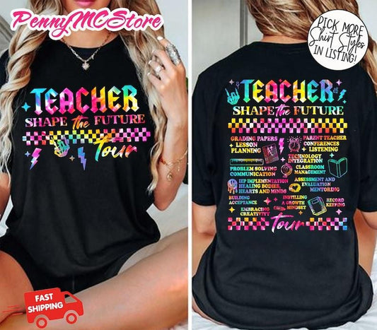 Teacher Shirt, Teacher Shape The Future Teacher World Tour Shirt, Rock N Roll Teach Tshirt, Tie Dye Teacher Shirt, Last Day Of School Shirt Cotton Sleeve