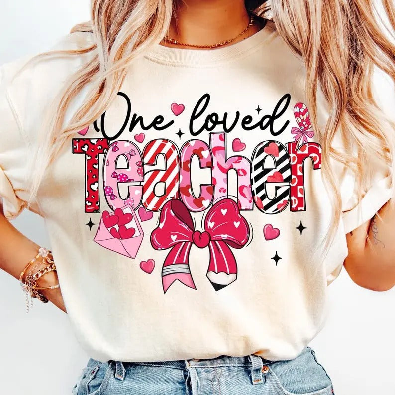 Teacher Valentine sweatshirt-hoodie-tshirt, Loved Teacher tshirt, Valentine's Day Teacher sweatshirt, Teacher Coquette Bow hoodie, Valentine Teacher tshirt, Retro Teacher Png
