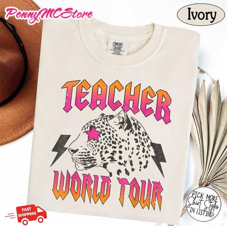 Teacher World Tour Shirt, Concert Teacher Shirt, Rock N Roll Teach Tshirt, Leopard Teacher, Last Day Of School Shirt,Lightning Teacher Shirt
