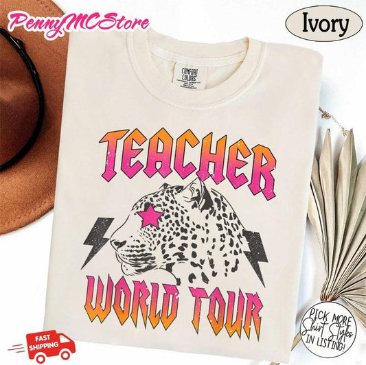 Teacher World Tour Shirt, Concert Teacher Shirt, Rock N Roll Teach Tshirt, Leopard Teacher, Last Day Of School Shirt,Lightning Teacher Shirt