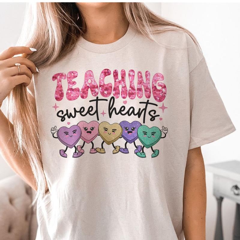 Teaching Sweetheart T-Shirt Valentine Teacher Tee Teaching Sweethearts Valentines Tshirt Valentine Teaching T-Shirt Womens Teacher Tees Retro Teacher Tees Valentines Sublimation T-Shirt School Valentine Tees Crewneck Shortsleeve