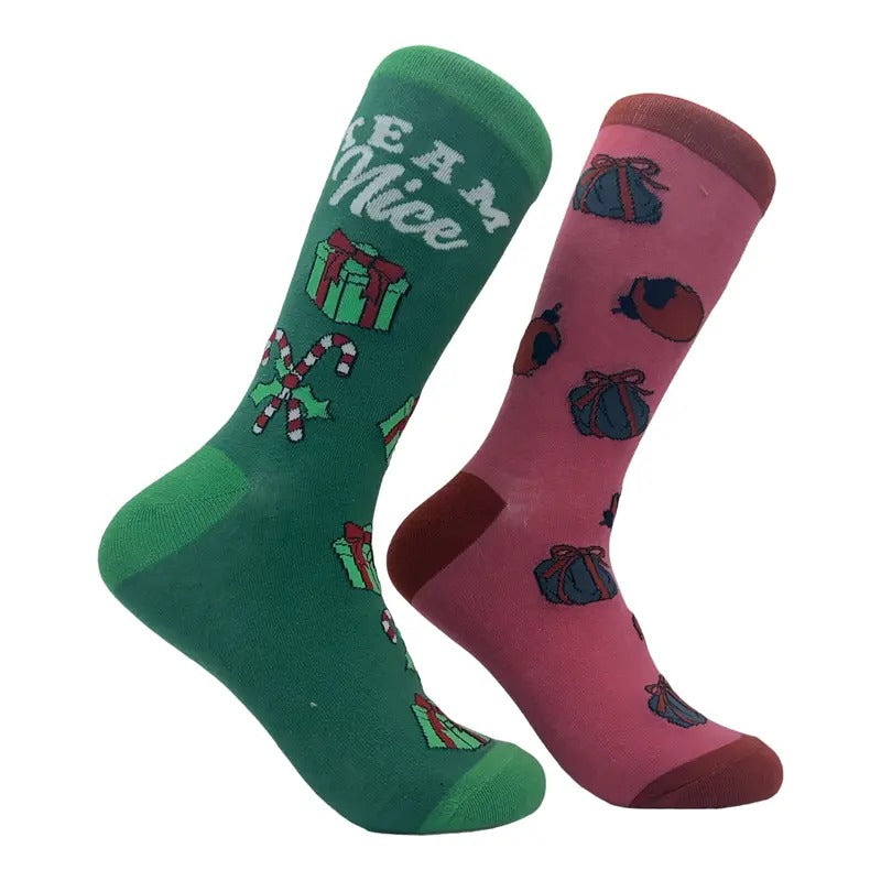 Team Naughty Team Nice Socks Funny Xmas Party Santas List Joke Footwear Funny Graphic Socks Comfortable Fitted Spandex Cotton