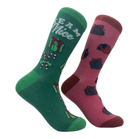 Team Naughty Team Nice Socks Funny Xmas Party Santas List Joke Footwear Funny Graphic Socks Comfortable Fitted Spandex Cotton