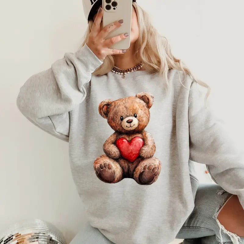 Teddy Bear heart Valentines Crewneck ~ Sweatshirt Unisex Apparel Relaxed Fit Printed in the USA Clothing Womenswear Casual and Comfortable