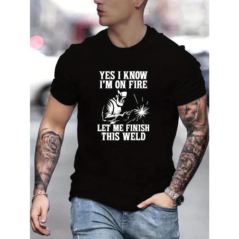 Tees For Men, Funny 'On Fire Welding'print T Shirt, Casual Short Sleeve Tshirt For Summer Spring Fall, Tops As Gifts Made in USA