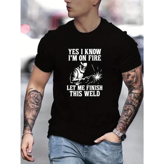 Tees For Men, Funny 'On Fire Welding'print T Shirt, Casual Short Sleeve Tshirt For Summer Spring Fall, Tops As Gifts Made in USA